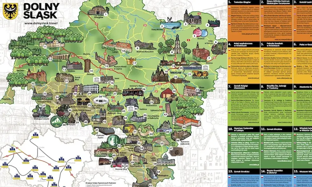 Mapa jezior Dolnego Śląska z zaznaczonymi atrakcjami turystycznymi