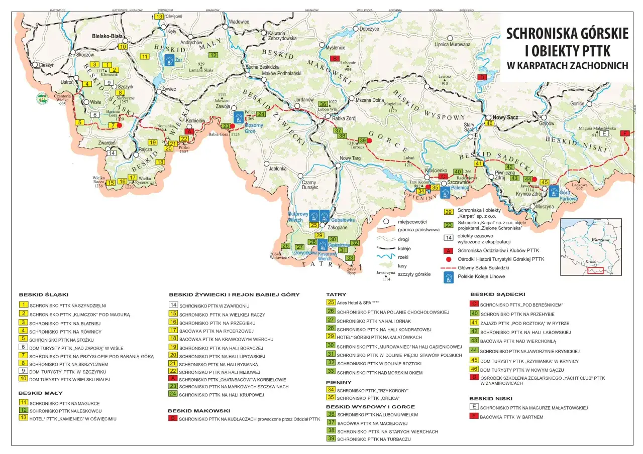 mapa schronisk górskich w Polsce