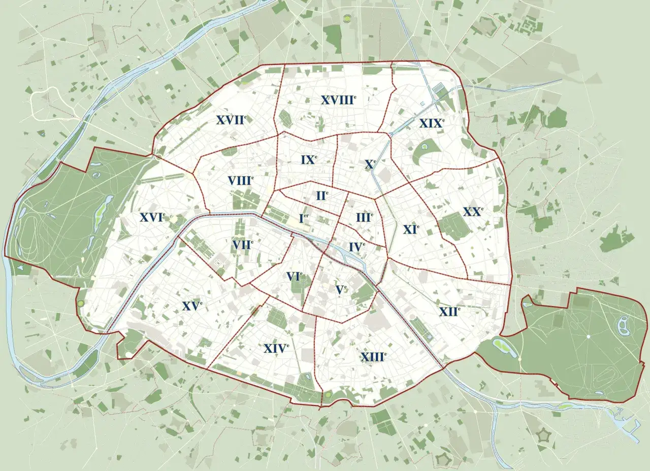Mapa Paryża z podziałem na dzielnice i zaznaczonym centrum