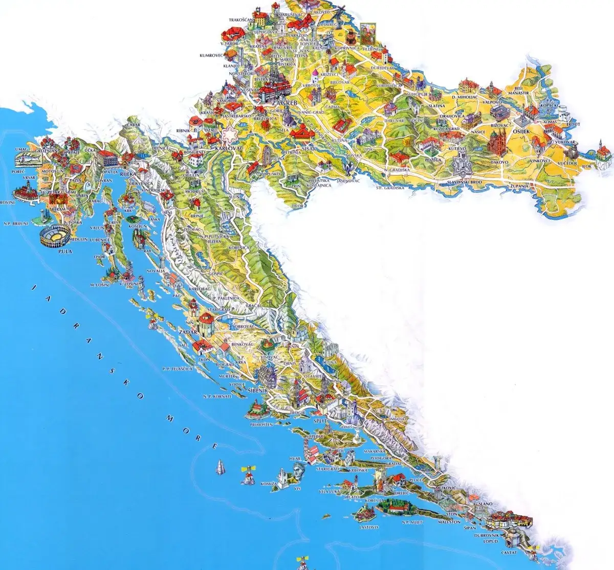 Mapa Chorwacji z zaznaczonymi regionami turystycznymi