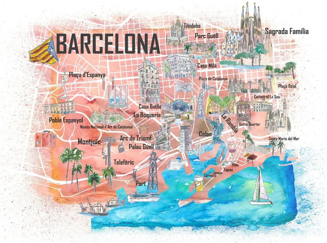 Mapa dzielnic Barcelony z atrakcjami turystycznymi