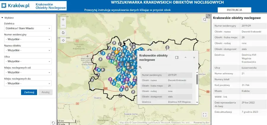 Mapa cen noclegów Kraków dzielnice